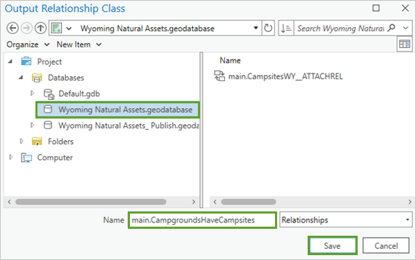 Enregistrez la classe de relations dans la fenêtre Output Relationship Class (Classe de relations en sortie).