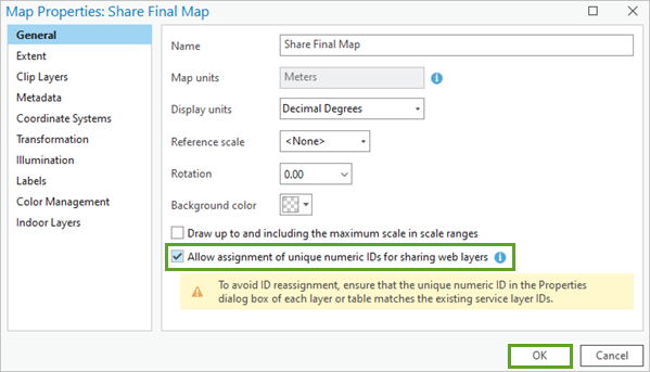 Option Allow assignment of unique numeric IDs for sharing web layers (Autoriser l’attribution d’ID numériques uniques pour le partage de couches Web) sélectionnée dans la fenêtre Map Properties (Propriétés de la carte).