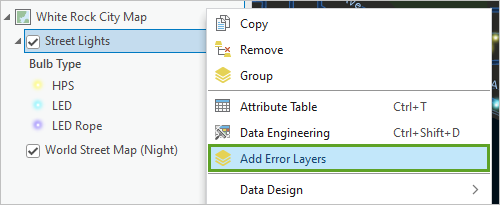 Option Add Error Layers (Ajouter des couches d’erreurs) dans le menu contextuel de la couche