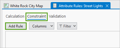 Onglet Constraint (Contrainte) et bouton Add Rule (Ajouter une règle) dans la vue Attribute Rules (Règles attributaires)