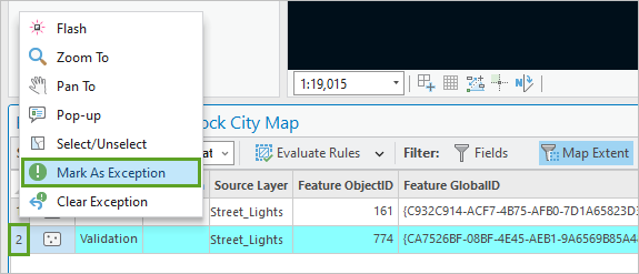 Option Mark As Exception (Marquer comme exception) dans le menu contextuel de l’entité d’erreur