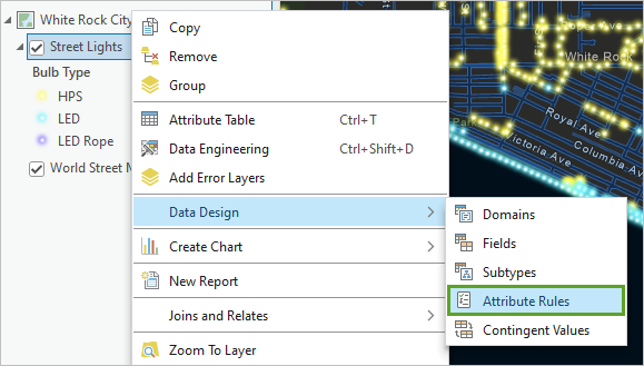 Option Attribute Rules (Règles attributaires) dans le menu contextuel Data Design (Conception de données)