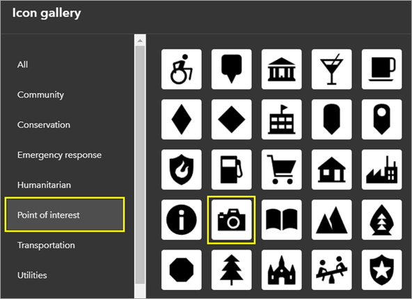 Icône de caméra dans la catégorie Point of interest (Point d’intérêt)