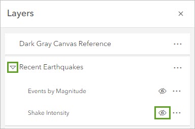 Développez le groupe de couches Recent Earthquakes (Tremblements de terre récents) et bouton de visibilité pour les événements par niveau de signification.