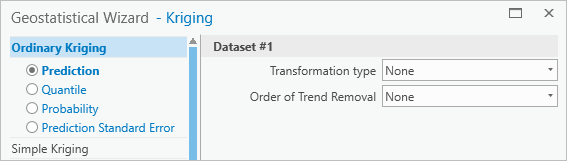 Option de prévision sélectionnée sous Ordinary Kriging (Krigeage ordinaire) avec les options Dataset #1 (Jeu de données n° 1) associées à la valeur None (Aucun)