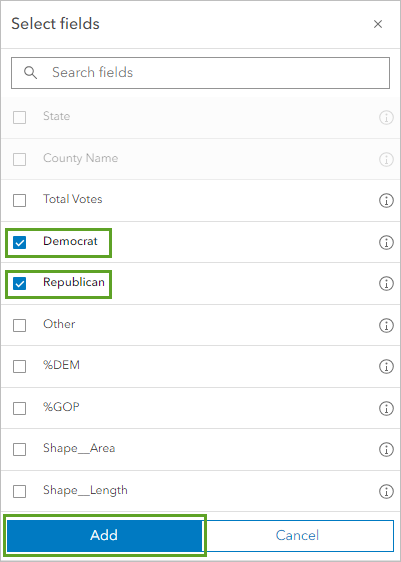Champs Democrat et Republican sélectionnés dans la fenêtre Ajouter des champs