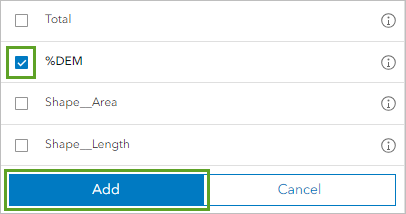 Fenêtre Add fields (Ajouter des champs) dans laquelle le champ %DEM est sélectionné