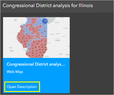 Bouton Open Description (Ouvrir la description) associé à la carte Congressional District analysis for Illinois (Analyse des circonscriptions électorales du Congrès pour l’Illinois)