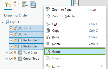 Option Group (Groupe) dans le menu contextuel des quatre éléments sélectionnés