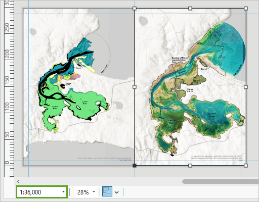 Fenêtre cartographique Classe de marée sélectionnée et échelle définie sur 1:36 000