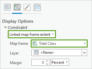 Contrainte définie sur Linked map frame extent (Étendue de la fenêtre cartographique liée) et Map frame (Fenêtre cartographique) définie sur Classe de marée