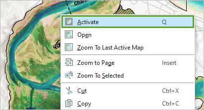 Option Activate (Activer) dans le menu contextuel de la fenêtre catrographique