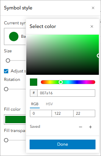 Vert foncé dans la fenêtre Select color (Sélectionner une couleur)
