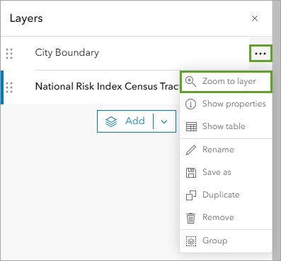 Zoom to layer (Zoom sur la couche) dans le menu Options