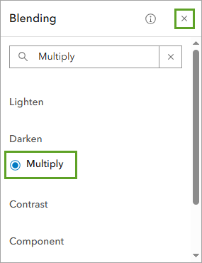 Option Multiply (Multiplier) sélectionnée dans la fenêtre Blending (Fusion)