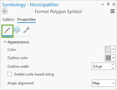 Onglet Properties (Propriétés) et onglet Symbol (Symbole) dans la fenêtre Symbology (Symbologie)