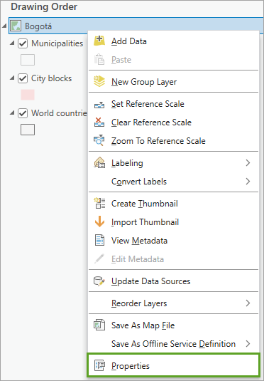 Option Propriétés du menu contextuel de la carte