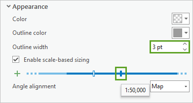 Paramètre Outline width (Largeur du contour) défini sur 3 pt pour l’échelle 01:50 000
