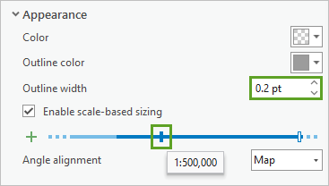 Paramètre Outline width (Largeur du contour) défini sur 0,2 pt pour l’échelle 1:500 000