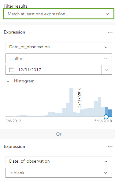 Résultats du filtre définis sur Correspondre à au moins une expression dans la fenêtre Filtrer