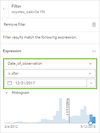 L’expression définie sur Date_of_observation est postérieure au 31/12/2017 dans le volet Filtrer