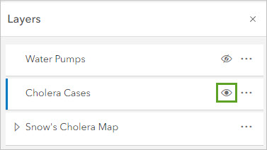 Bouton Show layer (Afficher une couche) pour la couche Cholera Cases (Cas de choléra)