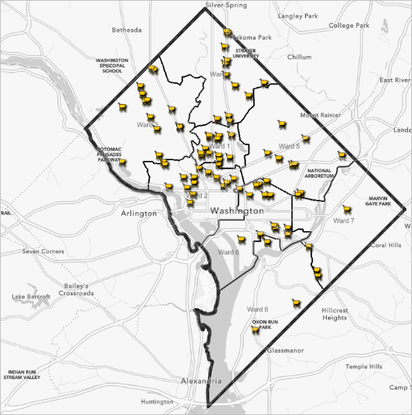 DC boundary (Limite de DC), DC ward boundaries (Limites des circonscriptions de DC) et magasins d’alimentation sur la carte