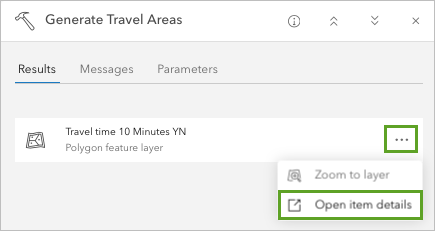 Ouvrir les détails de l’élément dans la liste d’options de la couche Travel Area 10 minutes dans l’onglet Résultats