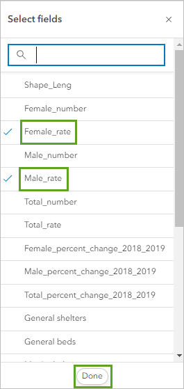 Sélectionnez les champs Female_rate (Taux_femmes) et Male_rate (Taux_hommes).