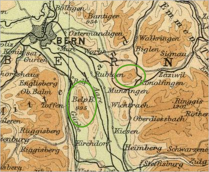 Exemples de sommets sur la carte d’isolignes au sud de Berne