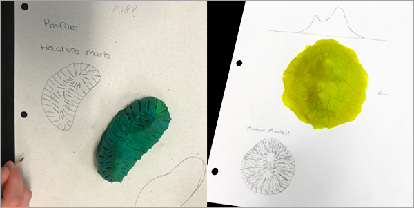 Exemples de cartes de hachures faites par les étudiants à côté de leurs montagnes en pâte à modeler