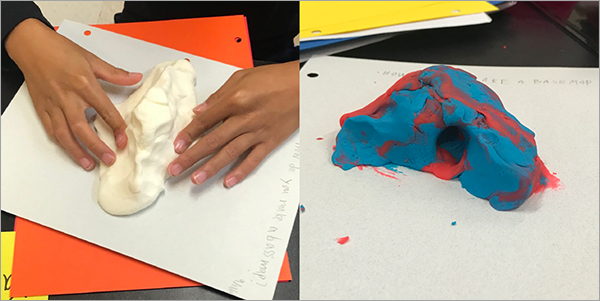 Exemples de montagnes en pâte à modeler réalisées par des étudiants, dont une avec une grotte sur le côté