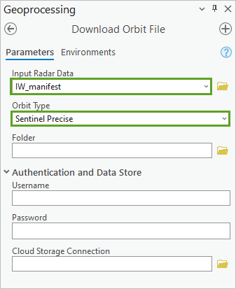 Paramètres de l’outil Download Orbit File (Télécharger le fichier d’orbite)