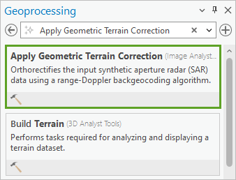 Recherche de l’outil Apply Geometric Terrain Correction (Appliquer la correction de terrain géométrique)