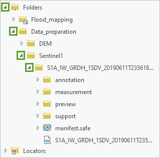 Dossiers Folders (Dossiers), Data_preparation, Sentinel1 et S1A_IW_GRDH_1SDV_20190611T235618_20190611T235643_027639_031E97_AC44.SAFE développés