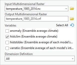 Paramètres de l’outil Sous-ensemble du raster multidimensionnel