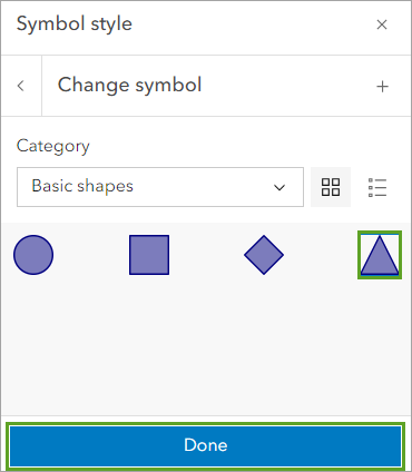 Triangle dans la fenêtre Change symbol (Modifier le symbole) et bouton Done (Terminé)