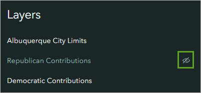 Bouton de visibilité de la couche Republican Contributions (Contributions républicaines) désactivé.