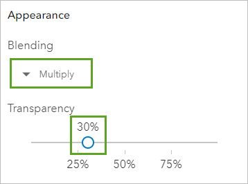 Blending (Mélange) défini sur Multiply (Multiplier) et Transparency (Transparence) défini sur 30% (30 %) sous Appearance (Apparence) dans la fenêtre Properties (Propriétés).