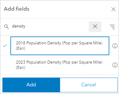 Ajoutez le champ 2018 Population Density (Pop per Square Mile) (Esri) (Densité de population 2018 (Population par mile carré) (Esri)).