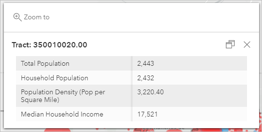 Champ Median Household Income (Revenu médian des ménages) ajouté à l'aperçu de la fenêtre contextuelle