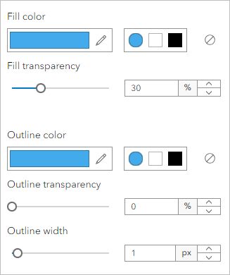 Paramètres Fill color (Couleur de remplissage), Fill transparency (Transparence du remplissage), Outline color (Couleur du contour) et Outline transparency (Transparence du contour) configurés dans la fenêtre Symbol style (Style de symbole)