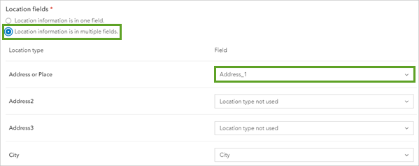 Option Address_1 sélectionnée pour Address of Place (Adresse ou lieu) sous Location Type (Type de localisation)