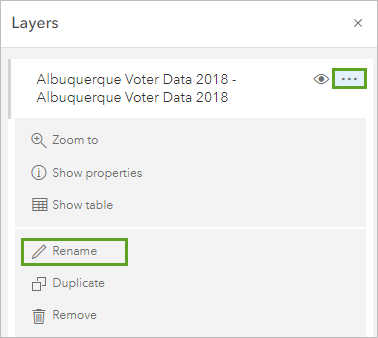 Rename (Renommer) dans le menu Options (Options) de la couche Albuquerque Voter Data 2018 YN (Données sur les électeurs de la ville d'Albuquerque en 2018 YN)