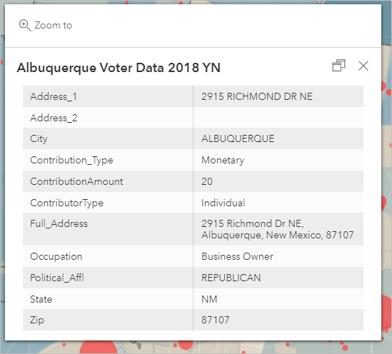 Aperçu de la fenêtre contextuelle de la couche Republican Contributions (Contributions républicaines)