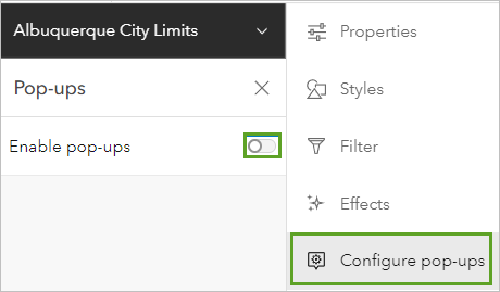 Désactivez l’option Enable pop-ups (Activer les fenêtres contextuelles) pour la couche Albuquerque City Limits (Limites de la ville d'Albuquerque).