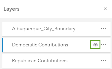 Bouton de visibilité de la couche Democratic Contributions (Contributions démocrates)