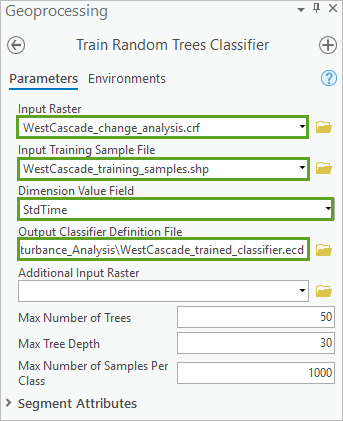 Paramètres de l’outil Train Random Trees Classifier (Préparer le classificateur d’arbres aléatoires)