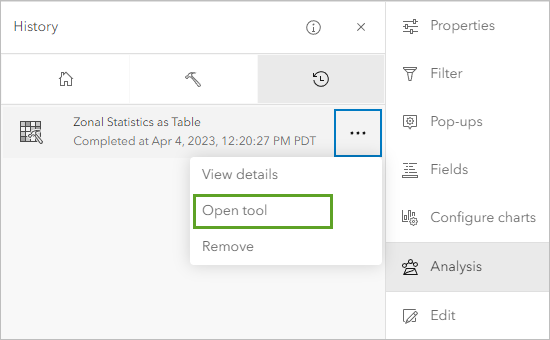 Open tool (Ouvrir l’outil) dans le menu des options de l’outil Zonal Statistics as Table (Statistiques zonales (table)), dans l’onglet History (Historique) de la fenêtre Analysis (Analyse).