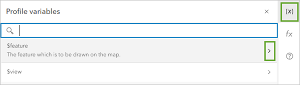 Flèche de $feature dans l’onglet Profile variables (Variables de profil) de la fenêtre New Expression (Nouvelle expression)
